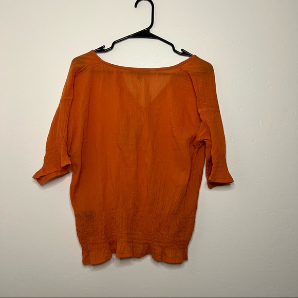 NWT Frye Womens Top Size Large Split Neck Smocked Waist Short Sleeve Orange Rust - Picture 9 of 12